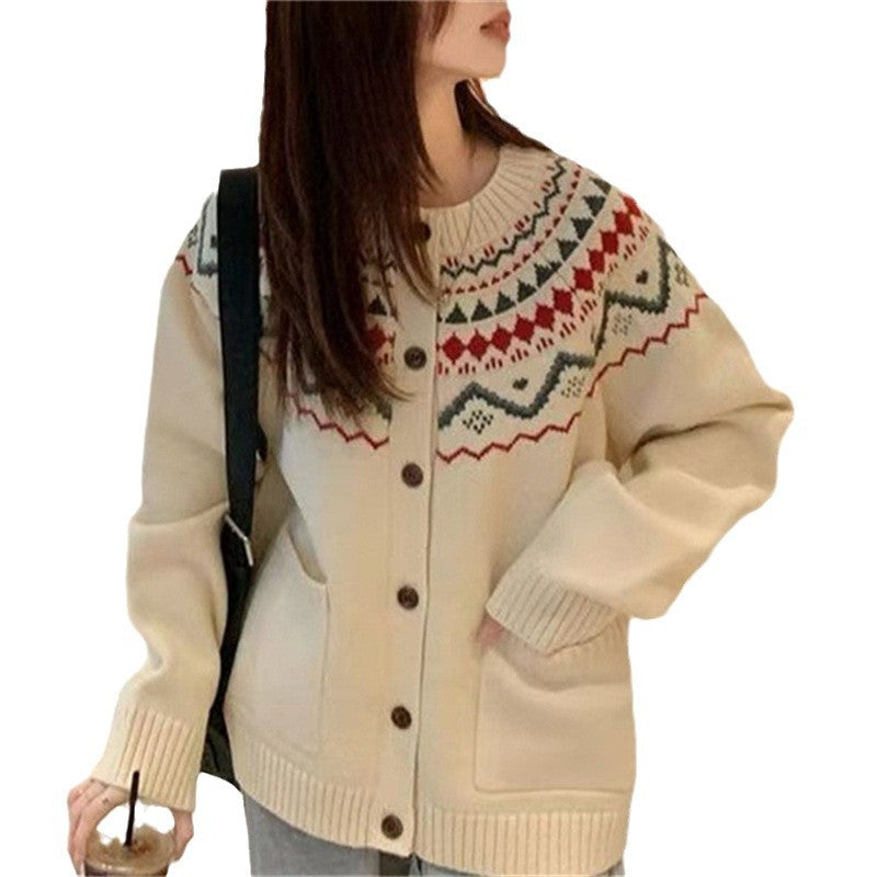 Damen Grobstrickjacke Norweger Muster Taschen Norvielle