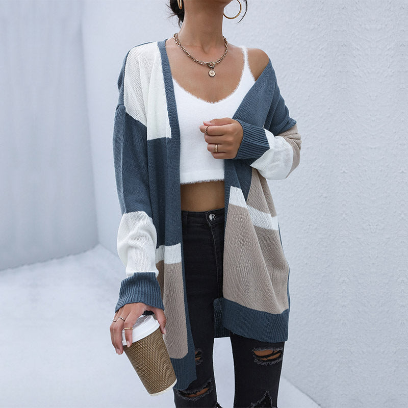 Damen Strickcardigan Gestreift Offener Schnitt Lässige Ärmel