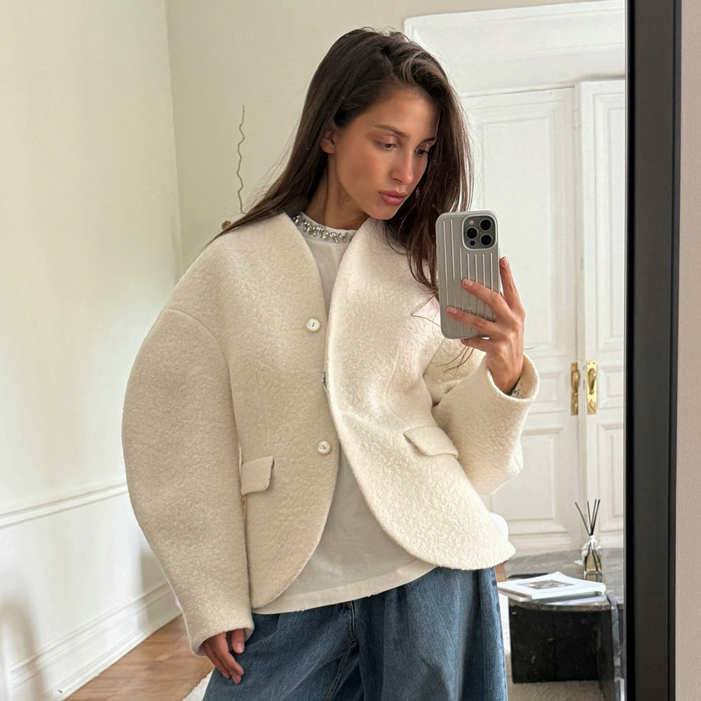 Damen Boucle-Jacke Überschnittene Schultern Knopfverschluss Norvielle