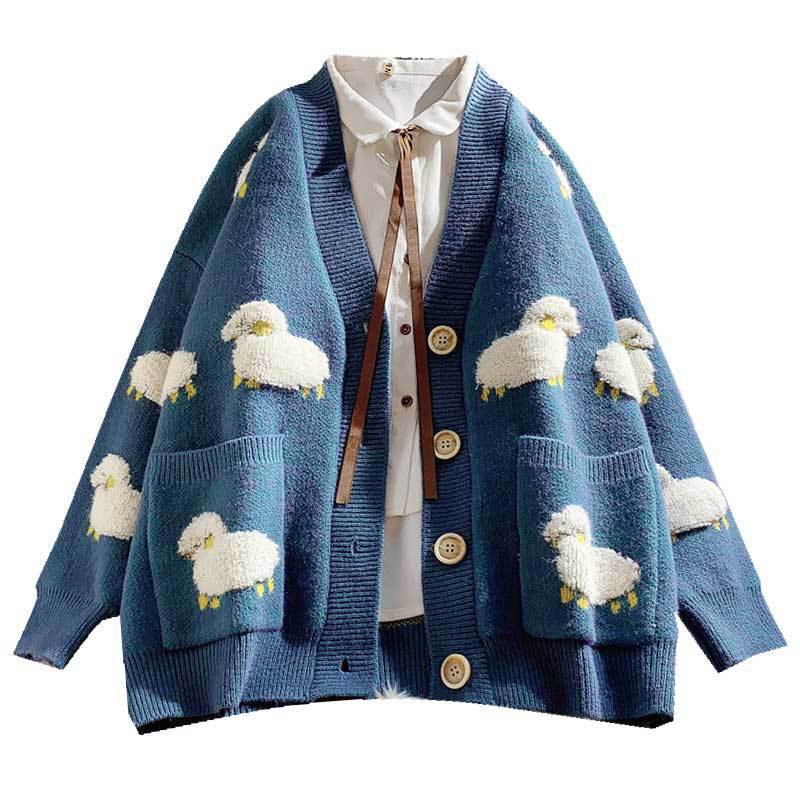 Damen Strickjacke Schafe-Motiv gemustert mit Taschen Norvielle
