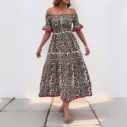 Damen Maxikleid Off-Shoulder Rüschendetails Tiermuster