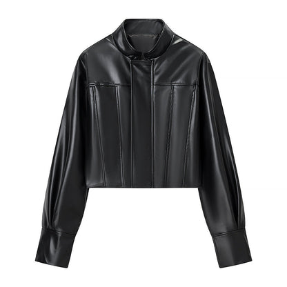 Damen Kunstlederjacke Stehkragen Strukturiert