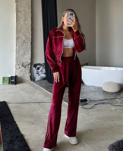Damen Velours Joggingset Hochkragen Reißverschluss Norvielle