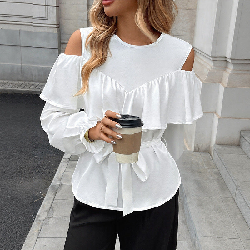 Damen Bluse Rüschendetails Taillenbindegürtel Norvielle - Norvielle