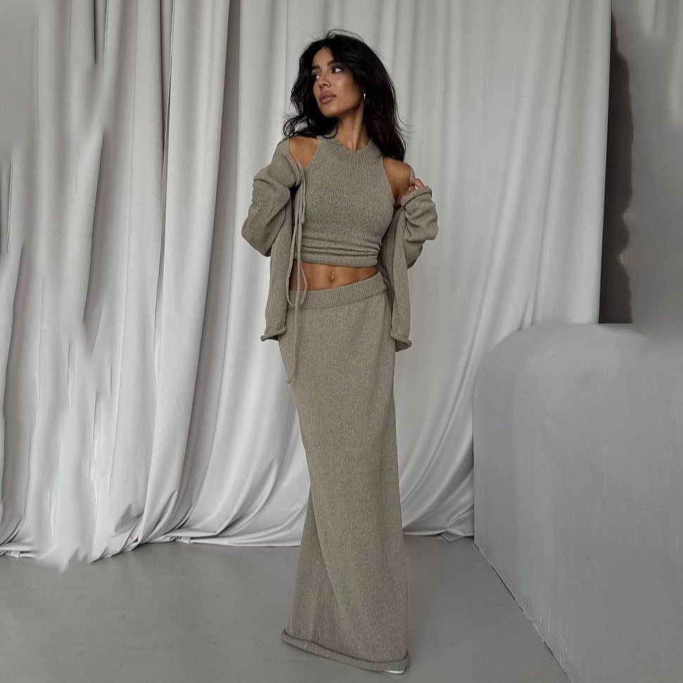 Damen Strickanzug Lang mit Bindegürtel Norvielle - Norvielle