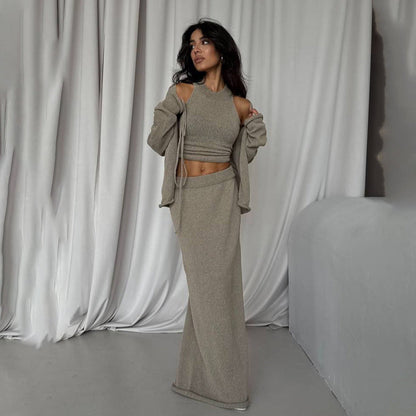 Damen Strickanzug Lang mit Bindegürtel Norvielle - Norvielle