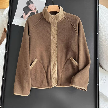 Damen Fleece-Jacke Elastischer Kragen Praktische Taschen Beige