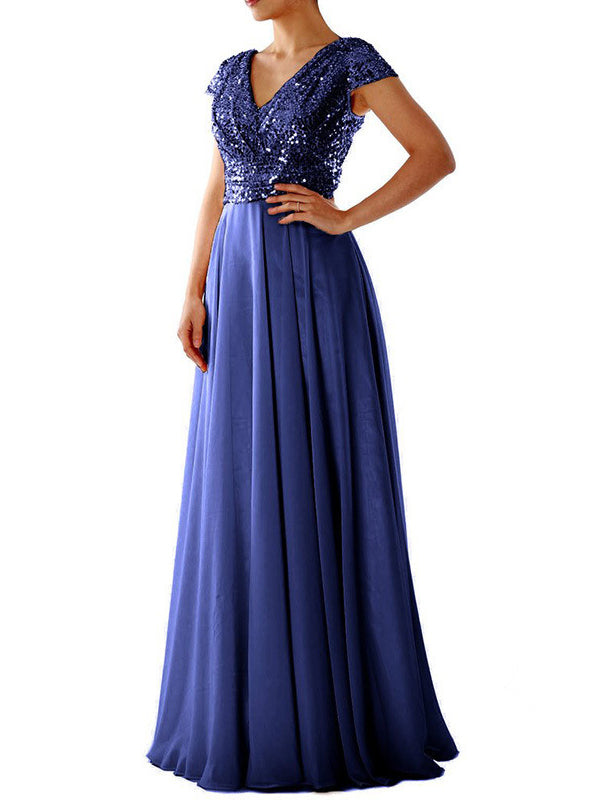 Damen Maxi Kleid V-Ausschnitt Paillette Chiffon Paneel