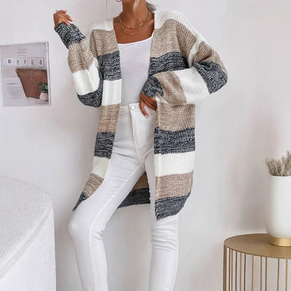 Damen Strickcardigan Lässiges Streifenmuster Offener Schnitt Beige - Norvielle