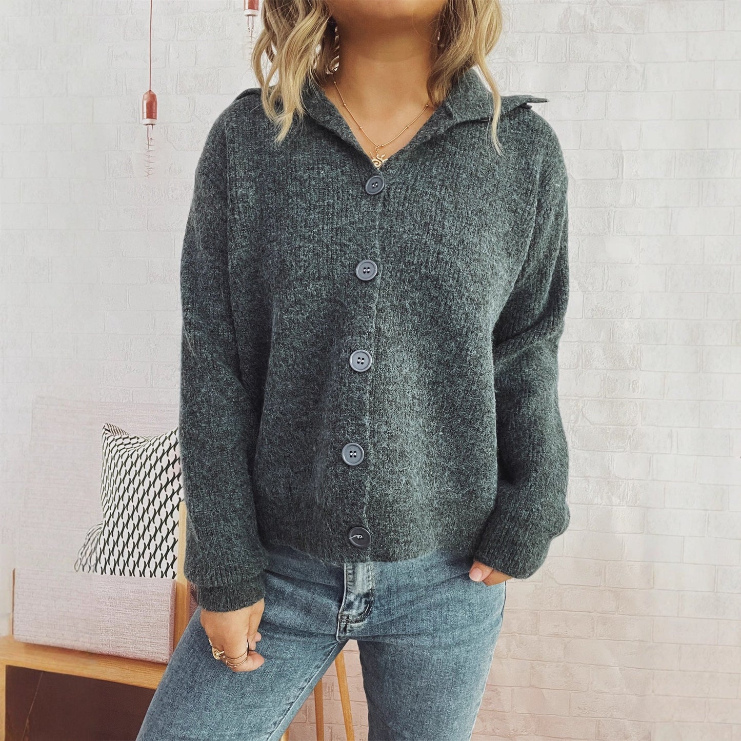 Damen Strickjacke Kragen Knopfverschluss Norvielle - Norvielle