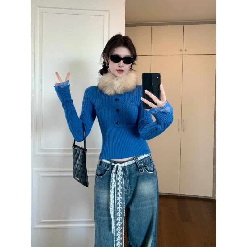 Damen Strickpullover Zopfmuster Spitzenärmel Norvielle