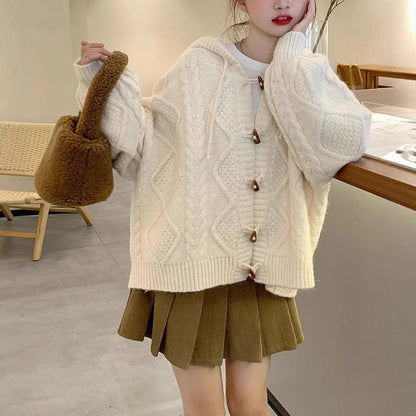 Damen Übergroße Strickjacke Kapuze Zopfmuster