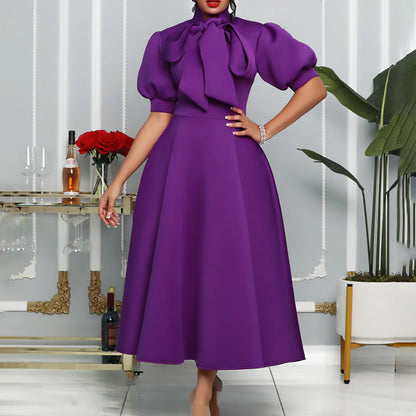 Damen Elegantes Midi-Kleid Puffärmel Bindegürtel - Norvielle