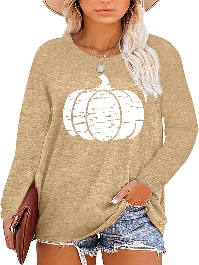 Damen Langarmshirt Kürbis-Motiv Baumwolle Herbstfarben