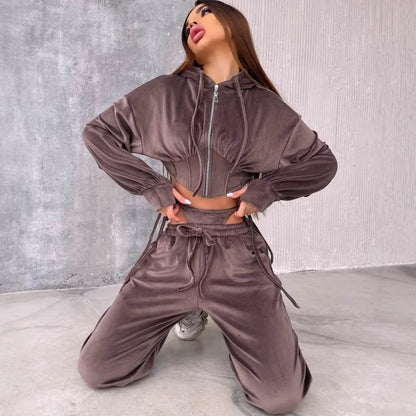 Damen Sportliches Velours-Cropped-Set mit Reißverschluss und
