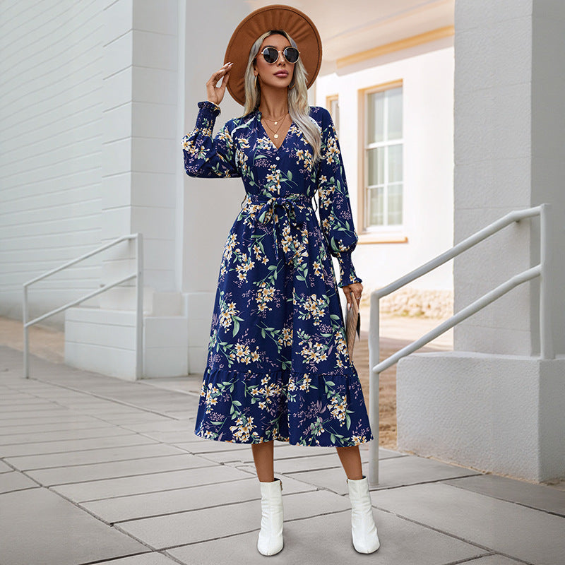Damen Wickelkleid Midi florale Muster Voluminöse Ärmel