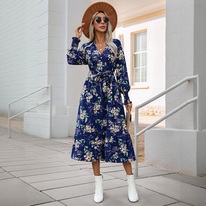 Damen Wickelkleid Midi florale Muster Voluminöse Ärmel