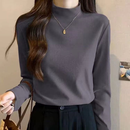 Damen Langarmshirt Hochgeschlossener Kragen Feine Struktur Beige