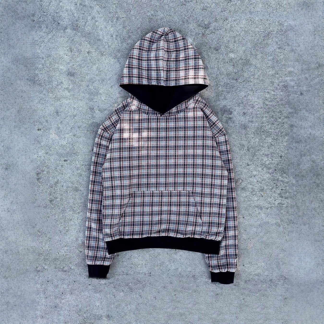 Damen Kapuzenpullover Gestepptes Innenfutter Karomuster Grau