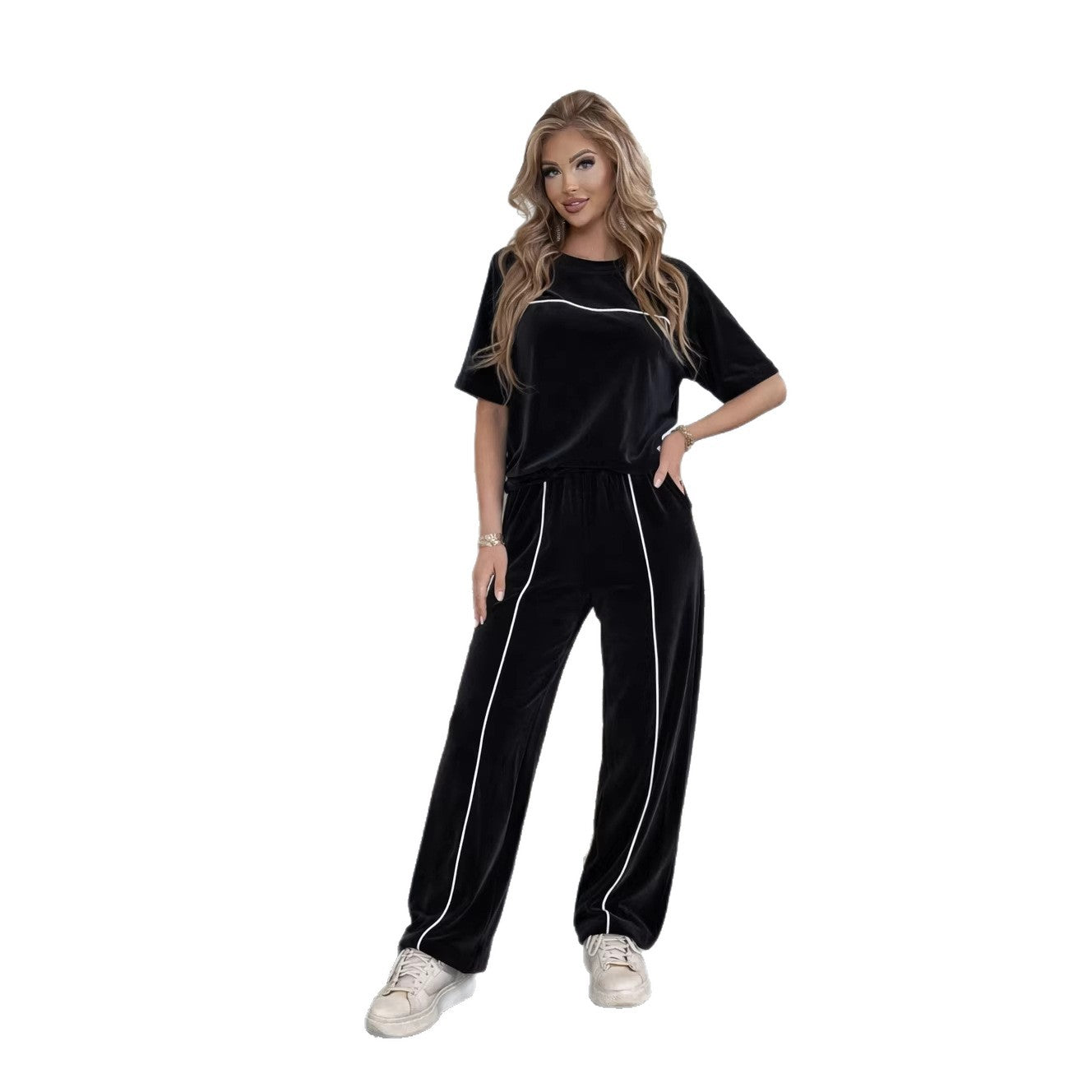 Damen Velours-Loungewear-Set Komfortschnitt Kontrastdetails Norvielle