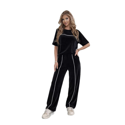Damen Velours-Loungewear-Set Komfortschnitt Kontrastdetails Norvielle