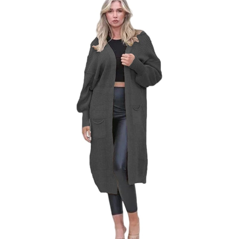 Damen Grobstrick Cardigan Offene Taschen Lässig Beige