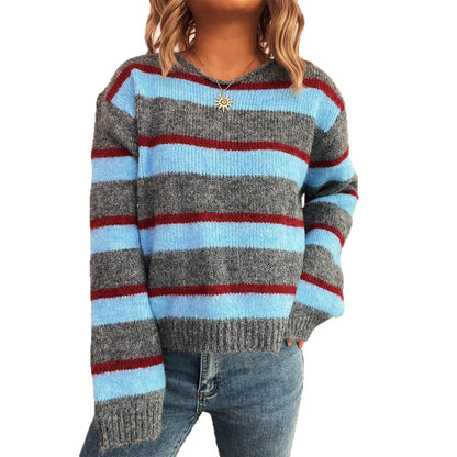 Damen Strickpullover Bunt Streifenmuster Breite Ärmel