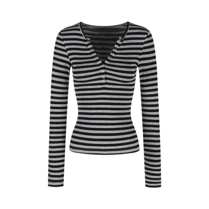 Damen Langarmshirt Streifenmuster Knopfleiste Norvielle
