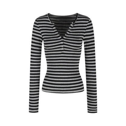 Damen Langarmshirt Streifenmuster Knopfleiste Norvielle
