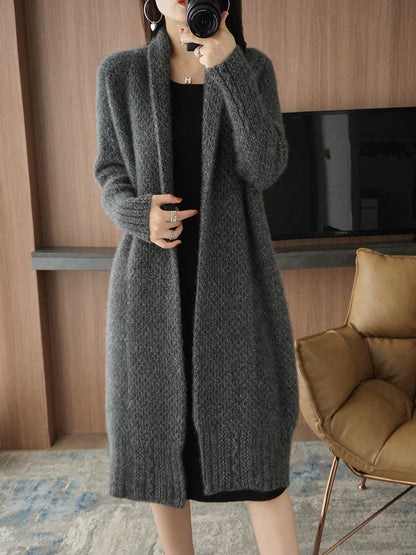 Damen Strickjacke Offene Front Zopfmuster Beige