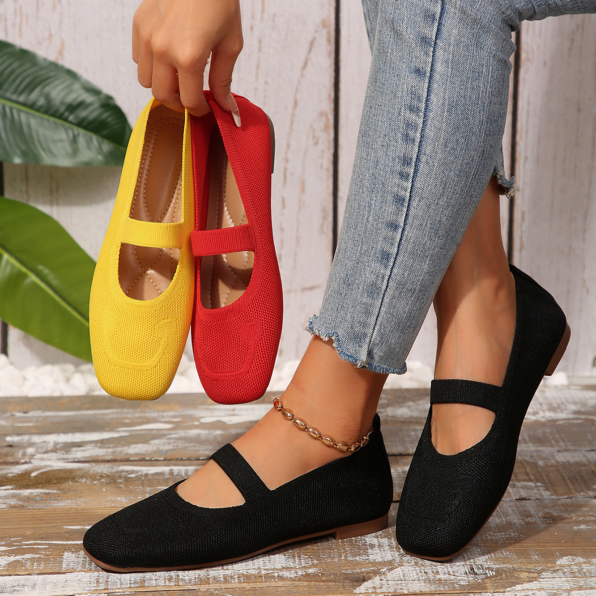Damen Ballerinas Atmungsaktives Gummiobermaterial Verstellbarer