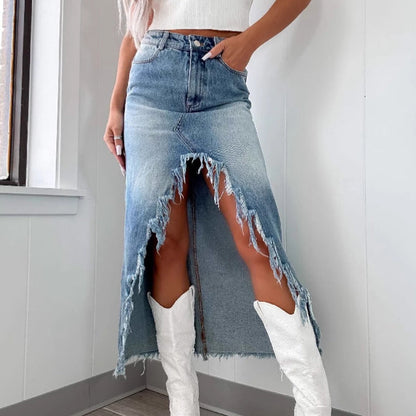 Damen Denim-Rock High-Low Fransen Schwarz - Norvielle
