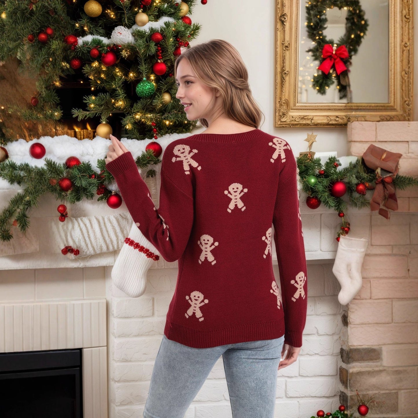 Damen Strickpullover Lebkuchenmotiv Weitschnitt Norvielle