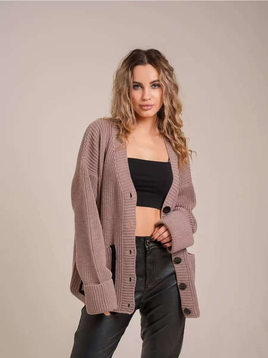 Damen Strickjacke Knöpfe Taschen Beige Norvielle