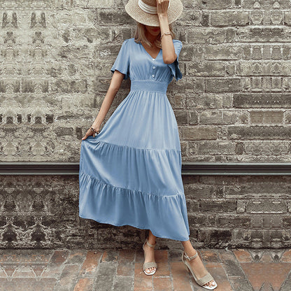 Damen Maxikleid Rüschen Details Taillengürtel Norvielle