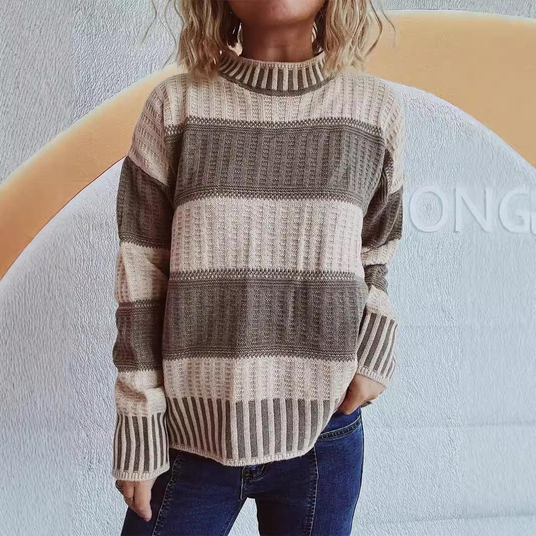 Damen Strickpullover Streifenmuster Hochbündchen Norvielle