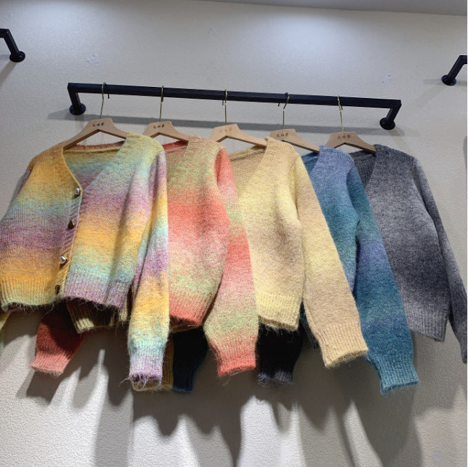 Damen Strickjacke Farbverlauf Herzknöpfe