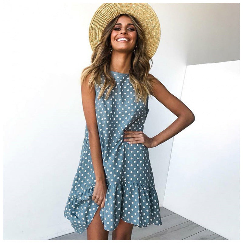 Damen A-Linien Kleid Rüschensaum Punkte Sommerlich