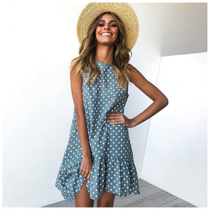 Damen A-Linien Kleid Rüschensaum Punkte Sommerlich
