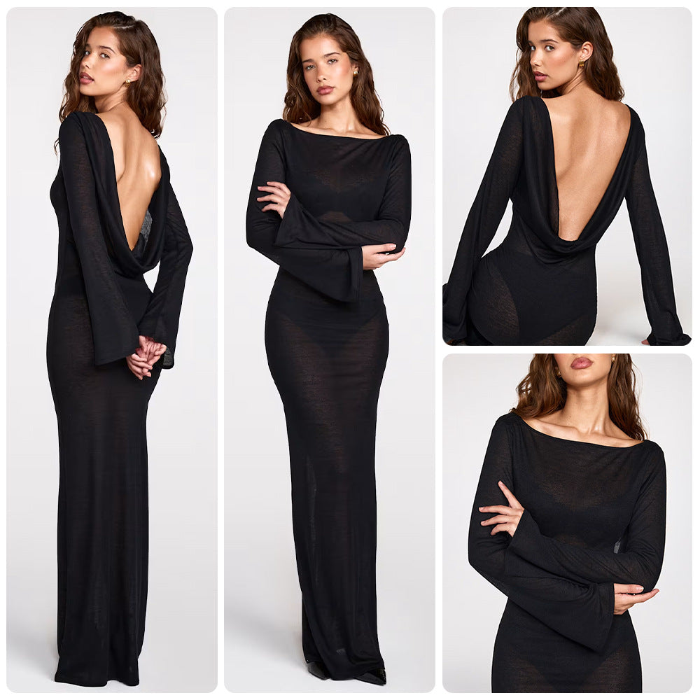 Damen Maxikleid Langärmlig Figurbetont Transparent Schwarz - Norvielle