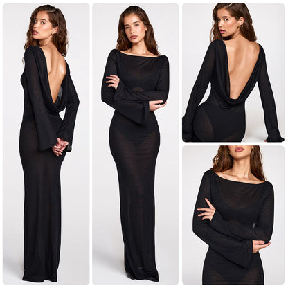 Damen Maxikleid Langärmlig Figurbetont Transparent Schwarz - Norvielle
