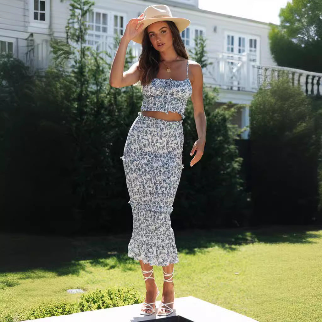 Damen Crop- Set Midi-Rock Floralmuster