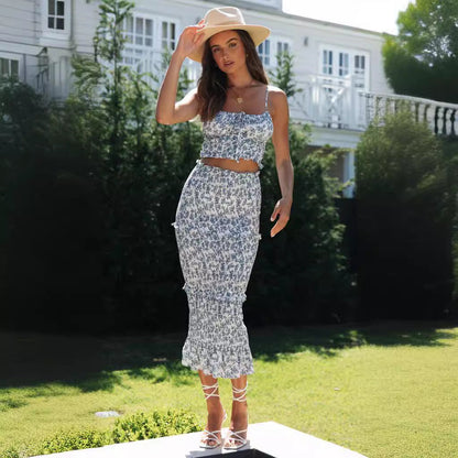 Damen Crop- Set Midi-Rock Floralmuster