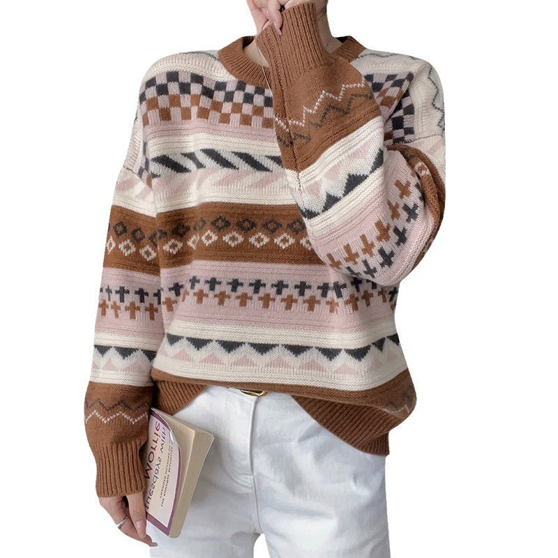 Damen Grobstrickpullover Geometrisches Muster Weit Norvielle
