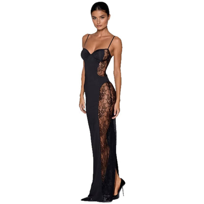 Damen Maxikleid Spitze Transparent Seiten Einsätze