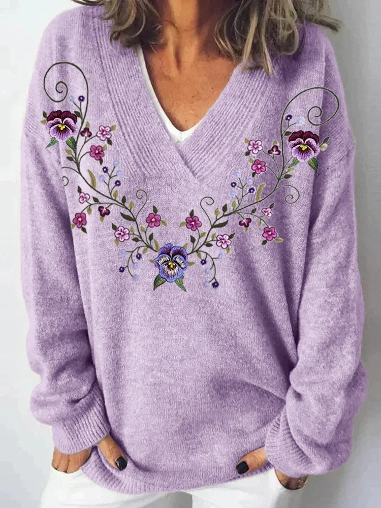 Damen Pullover V-Ausschnitt Floralmuster Lässig Norvielle
