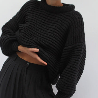 Damen Strickpullover Locker mit hohem Kragen und Rippbündchen