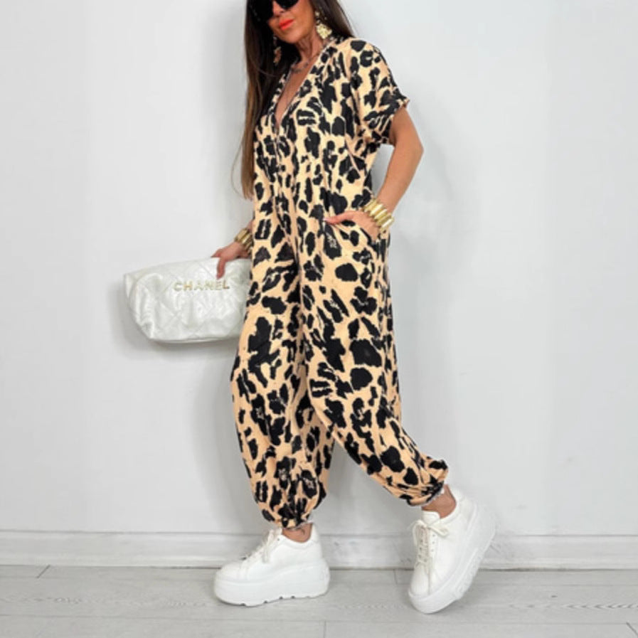 Damen Oversized Jumpsuit Leopardenmuster mit Taschen Schwarz - Norvielle
