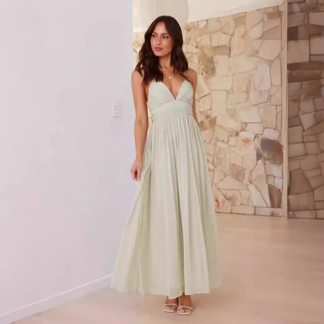 Damen Maxikleid V-Ausschnitt Fließender Rock