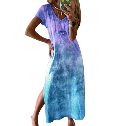 Damen Maxikleid Langarm V-Ausschnitt Tie-Dye Muster